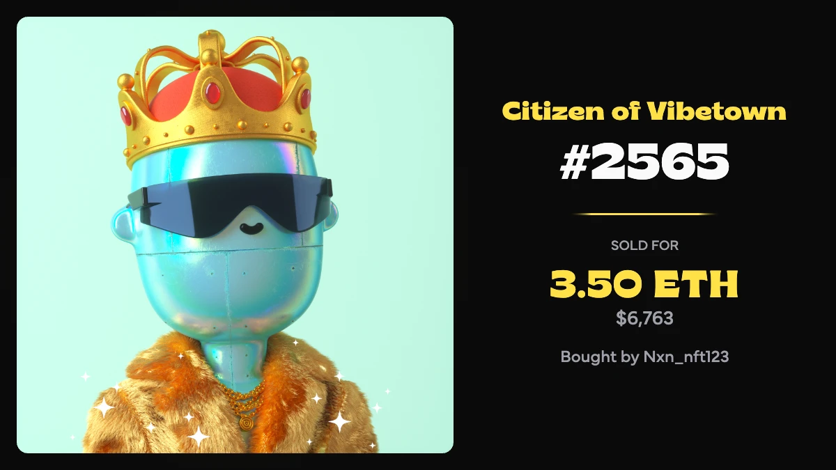 Auto-generated sale card export — Citizen of Vibetown #2565 sold for 3.50 ETH ($6,763), the NFT portrait beside gold-on-black sale details
