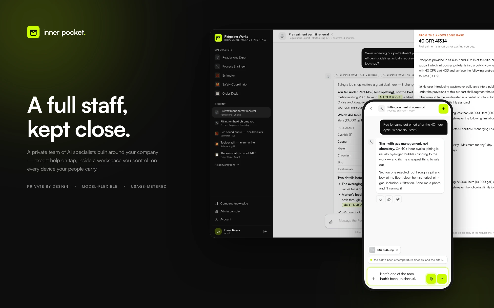 Inner Pocket — 'A full staff, kept close.' The demo workspace on desktop with a cited regulations answer, the verbatim 40 CFR 413.14 text open beside it, and the Process Engineer chat on a phone